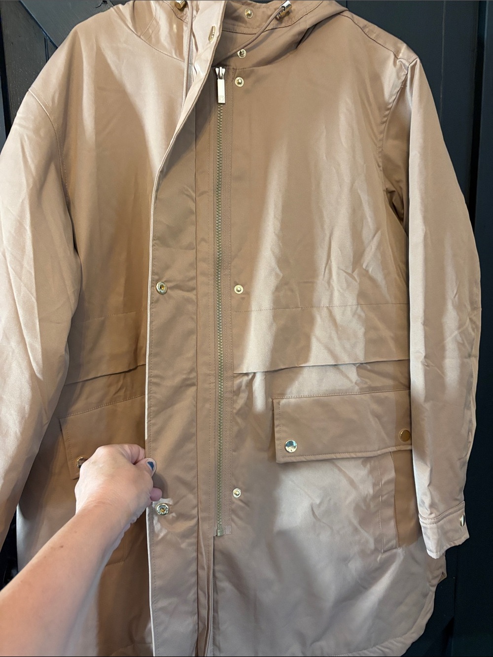 Liz Claiborne Tan Hooded Trench Coat with Teal Trim - Picture 5 of 15
